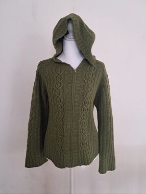 Carraig Donn Aran Shetland Wool Sweater Women's M/L Green Cable Knit Ireland